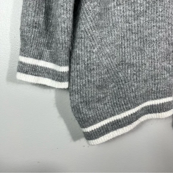 a new day Gray White Varsity Stripe Trim Fuzzy Eyelash Knit Button Down Cardigan - Picture 2 of 6